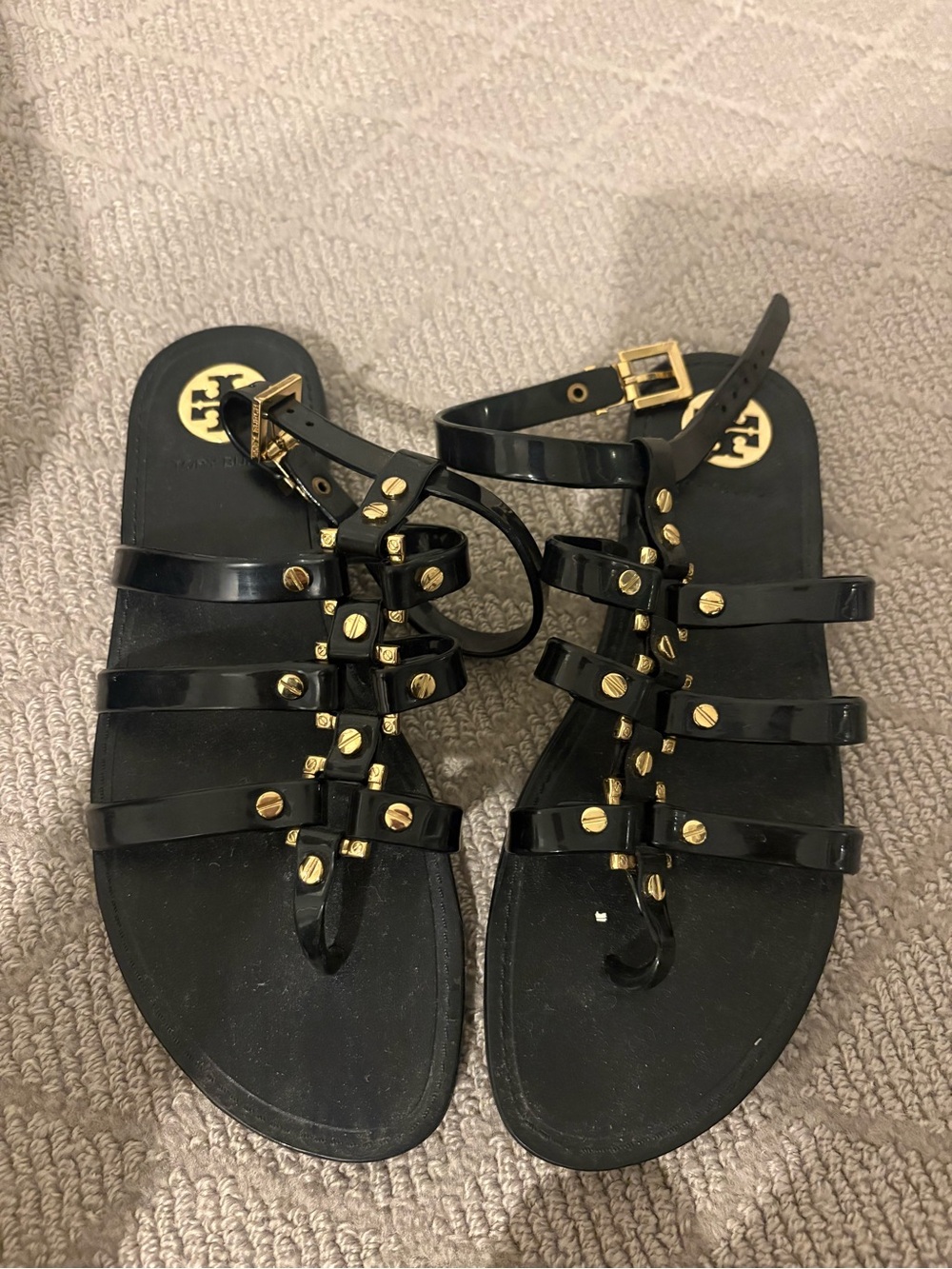 Tory Burch Black Jelly Gladiator Sandals Gold Logo Studs Size 7